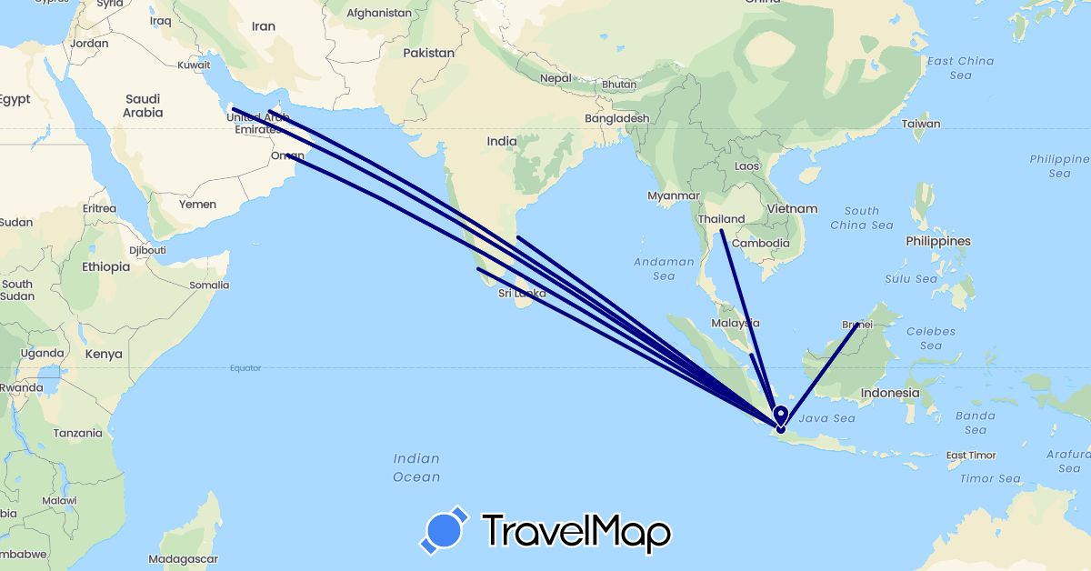 TravelMap itinerary: driving, plane, electric vehicle in United Arab Emirates, Brunei, Indonesia, India, Oman, Qatar, Singapore, Thailand (Asia)